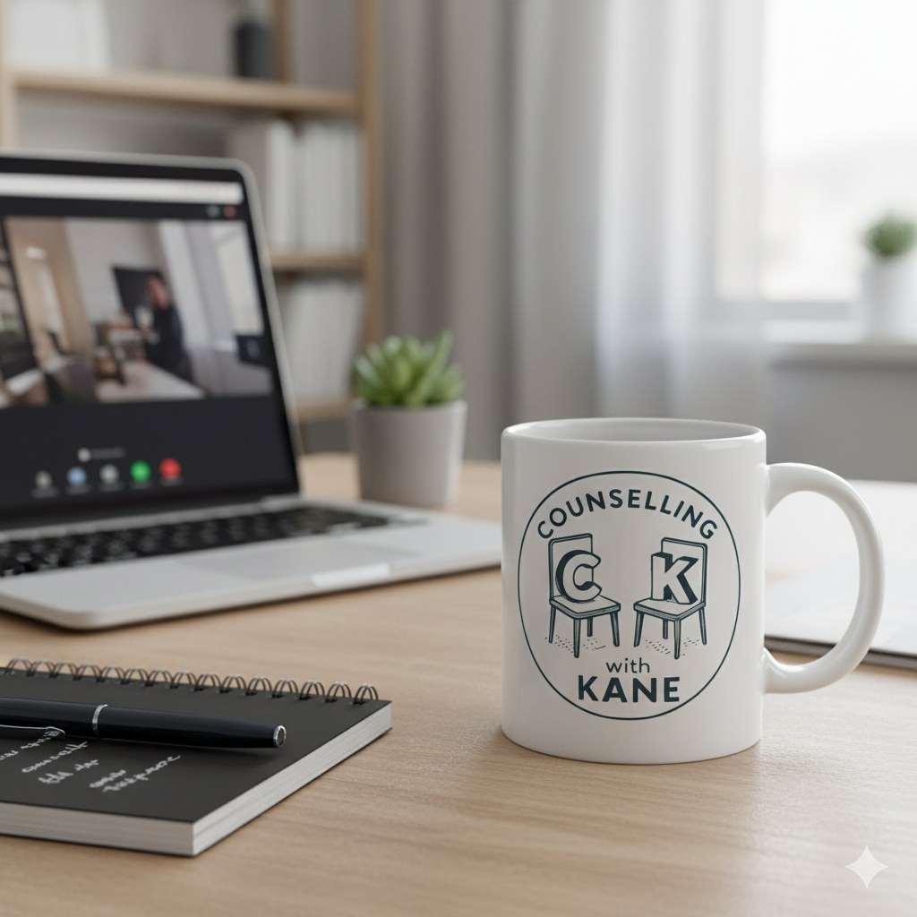 Online counselling workspace featuring the Counselling with Kane logo